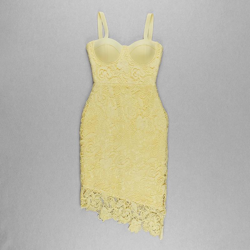 European & American Sexy Spaghetti Strap Lace Trim Irregular Midi Party Dress