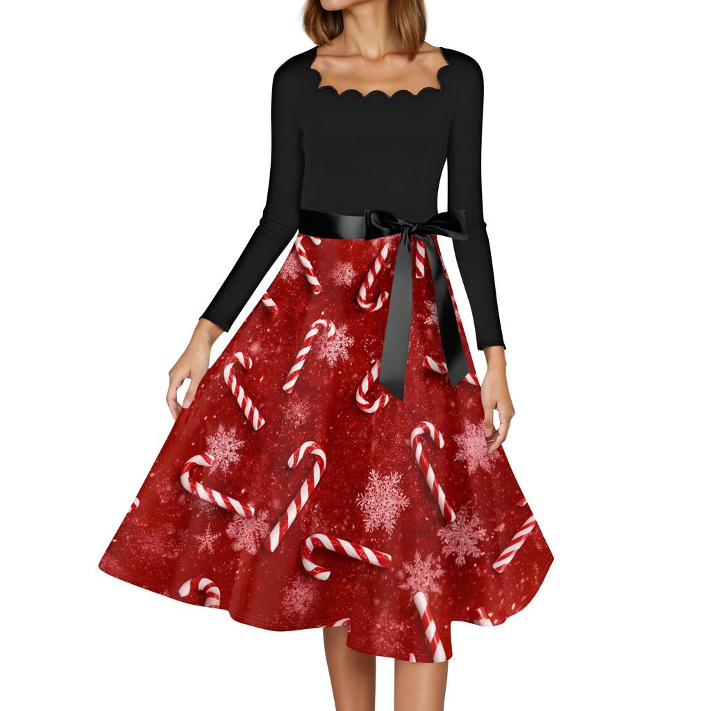 Women's Casual Fashion Christmas Print Square Neck Vintage Dress for Holiday Party