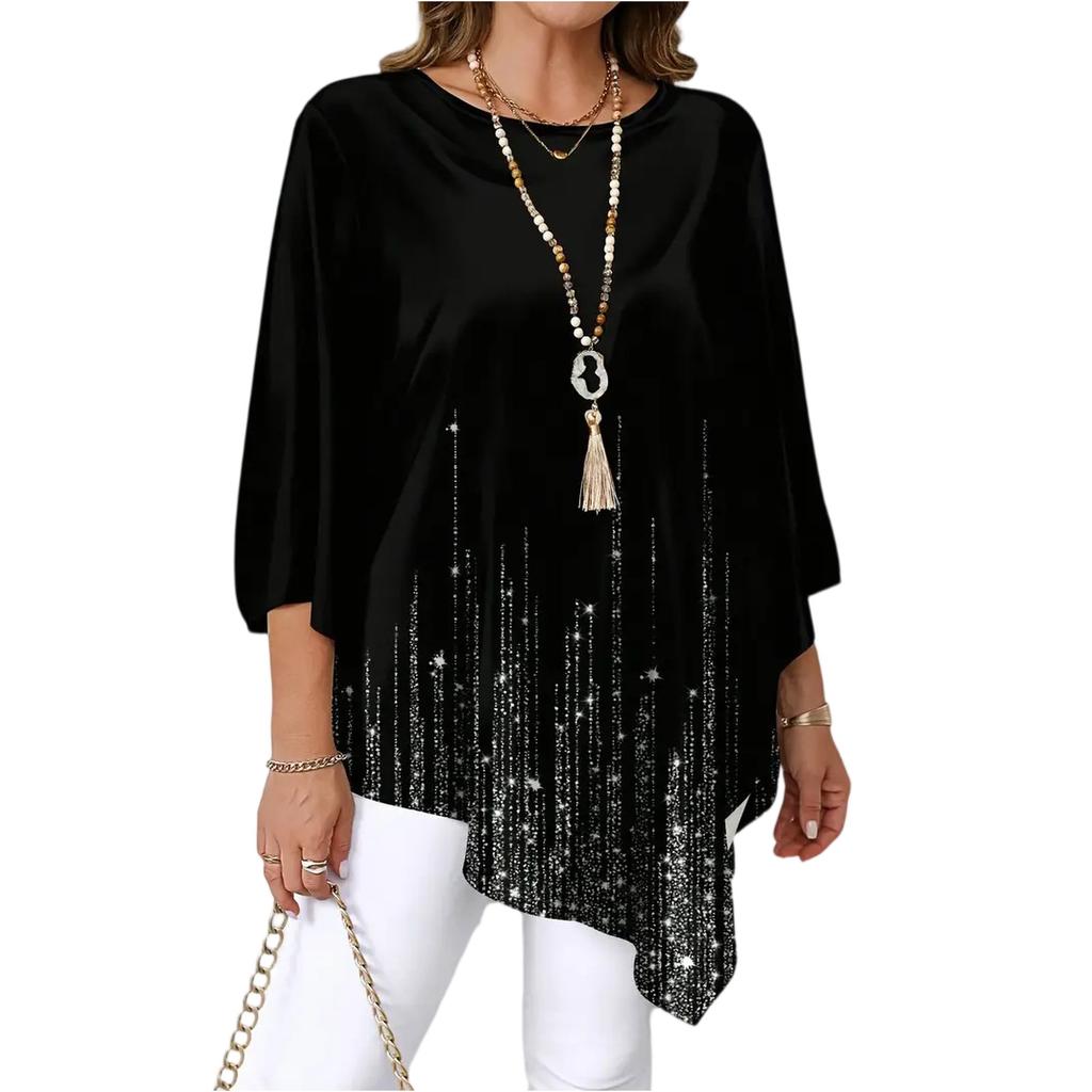 Top da Donna Taglie Forti Casual Vestibilità Larga Manica a Tre Quarti Stampa Sfumata Girocollo Orlo Asimmetrico Pullover Blusa