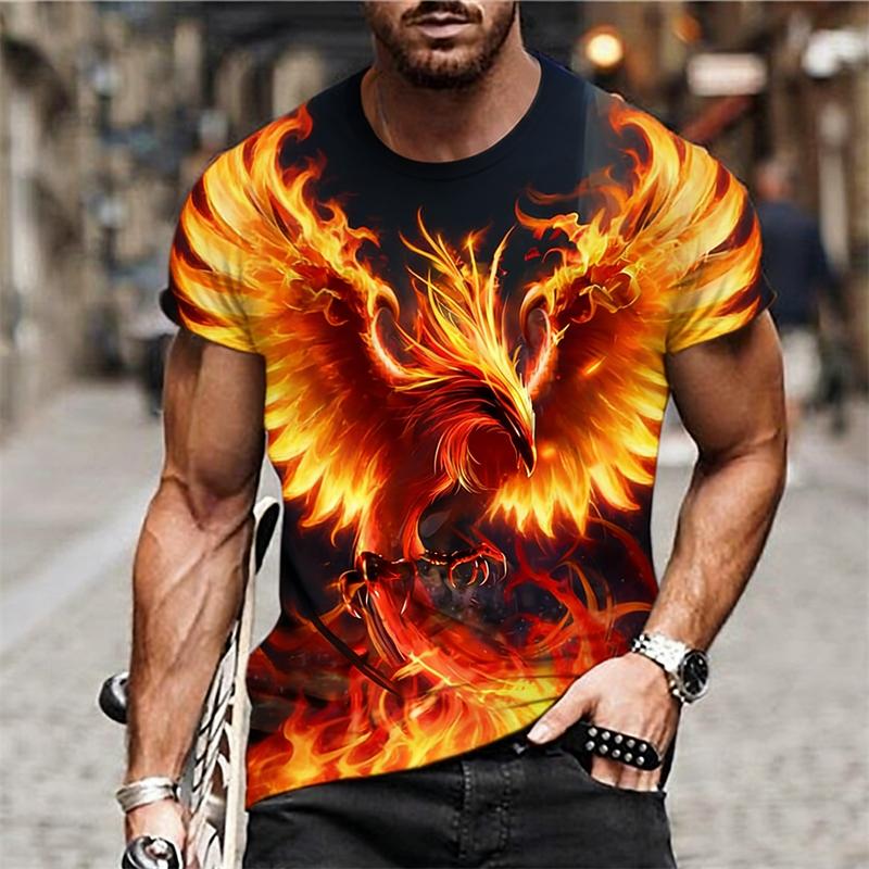 Fantastica T-shirt con Stampa Fenice Fiammeggiante da Uomo Personalità Cool Streetwear Manica Corta T-shirt Harajuku Tendenza Maglietta da Uomo