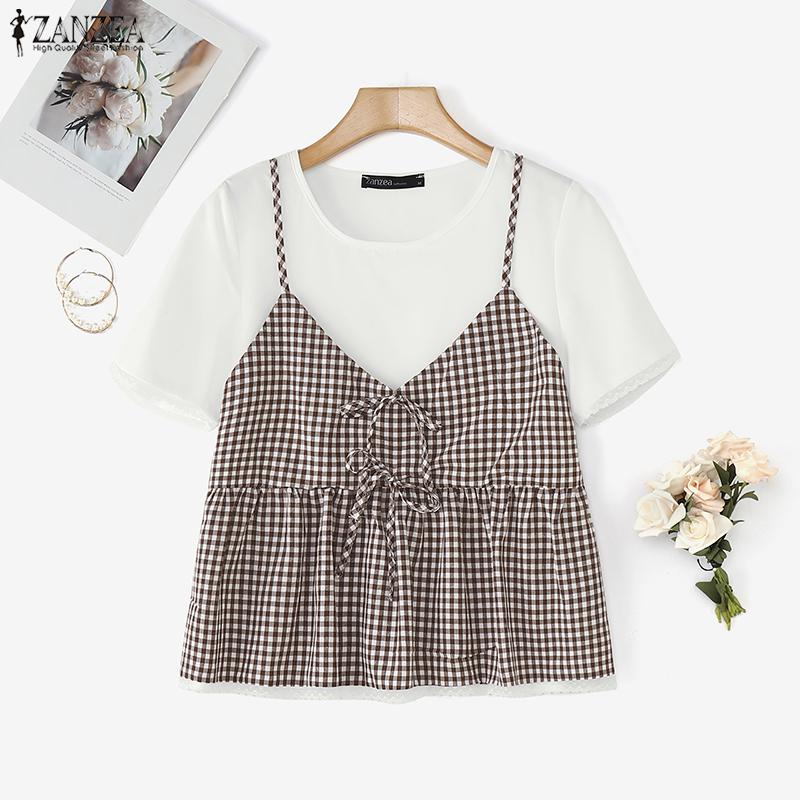 ZANZEA Women Casual Round Neck Plaid Patchwork Short Sleeve Blouse