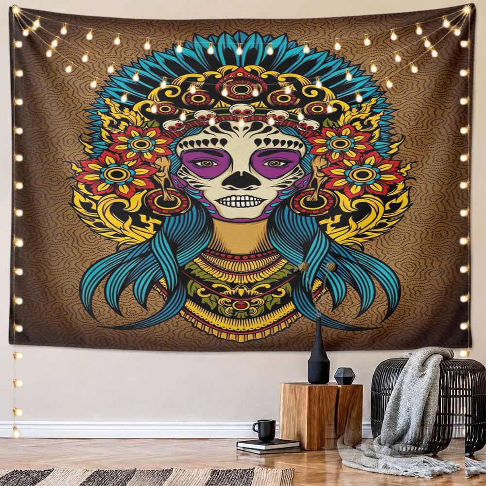 "Colorful Day of the Dead Skull Design" Pattern Wall Hanging Tapestry Decorative Tapestry Home Decor for Bedroom and Living Room