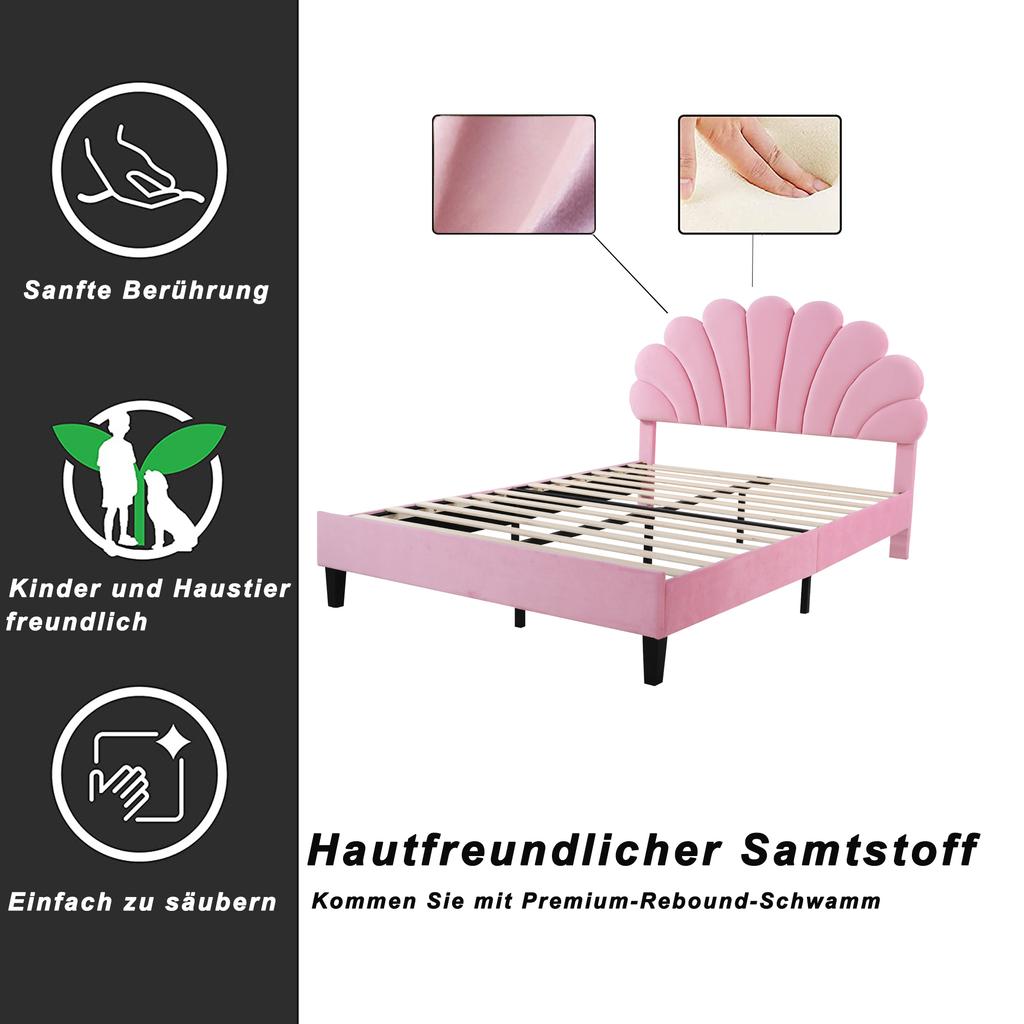 Letto Matrimoniale Imbottito 140 x 200 cm, Struttura con Testiera a Forma di Fiore e Rete a Doghe, per Adulti-Ragazzi in Tessuto di Velluto Amico della Pelle, Letto per Ospiti Rosa
