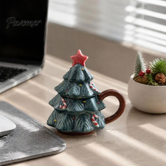 Christmas Tree Coffee Mug with Star Lid, 340ml Festive Holiday Cup for Hot Gift Girlfriend at Cocoa And Milk, Retro Curved Handle Microwave