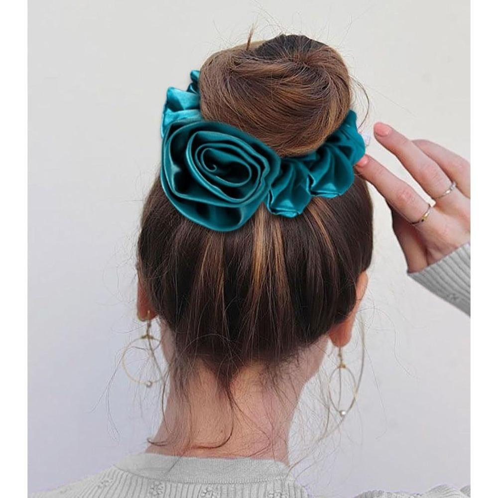 Flower Design Korean Hair Bands Satin Material Big Flower Scrunchies Rose Hair Ties  Daily Use
