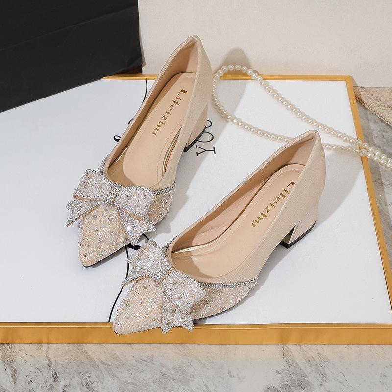 French Pointed Single Shoes Women's 2025 Spring and Autumn Boat Shoes Shallow Fairy Shoes Gentle Thick Heel Large Size Women's Shoes 41-43