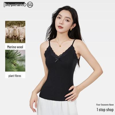 Damen Spitzen-Camisole mit Schleife & Brustpolstern - Warmes, samtgefüttertes ärmelloses Oberteil für Herbst & Winter
