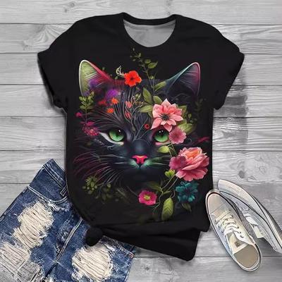 Summer Round Neck 3D Cat Print Top Fashionable Casual Short Sleeved Women's T-shirts