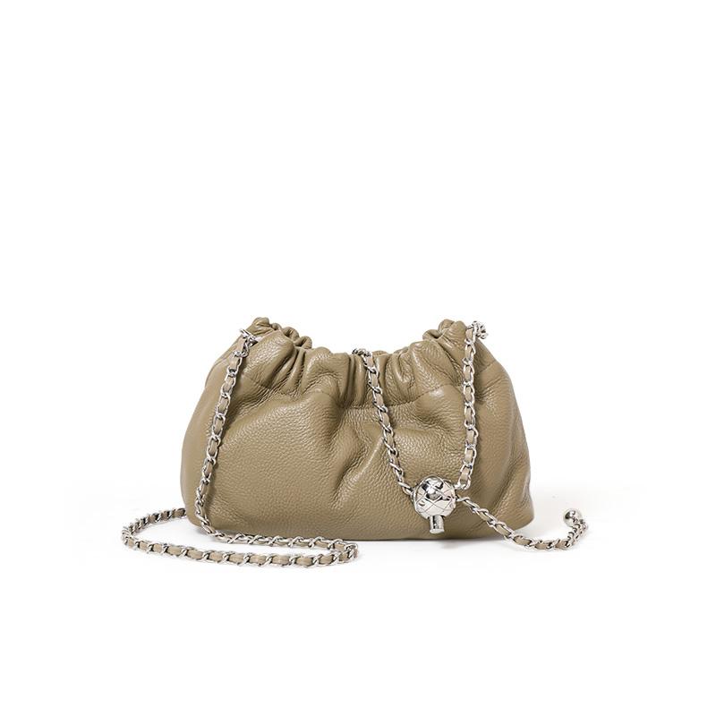 Genuine Cowhide Pleated Cloud Bag Soft Leather Dumpling Shoulder Crossbody Bag with Chain