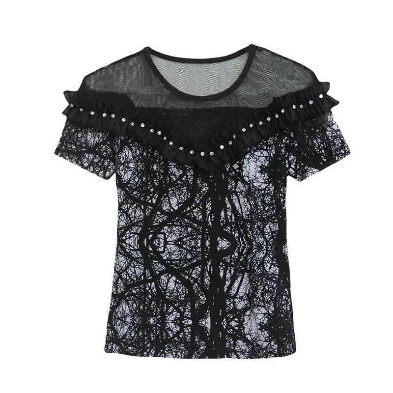 Módní letní dámské elegantní volánky s korálky tričko elegantní s krátkým rukávem s kulatým výstřihem sexy topy dámské univerzální ležérní trička
