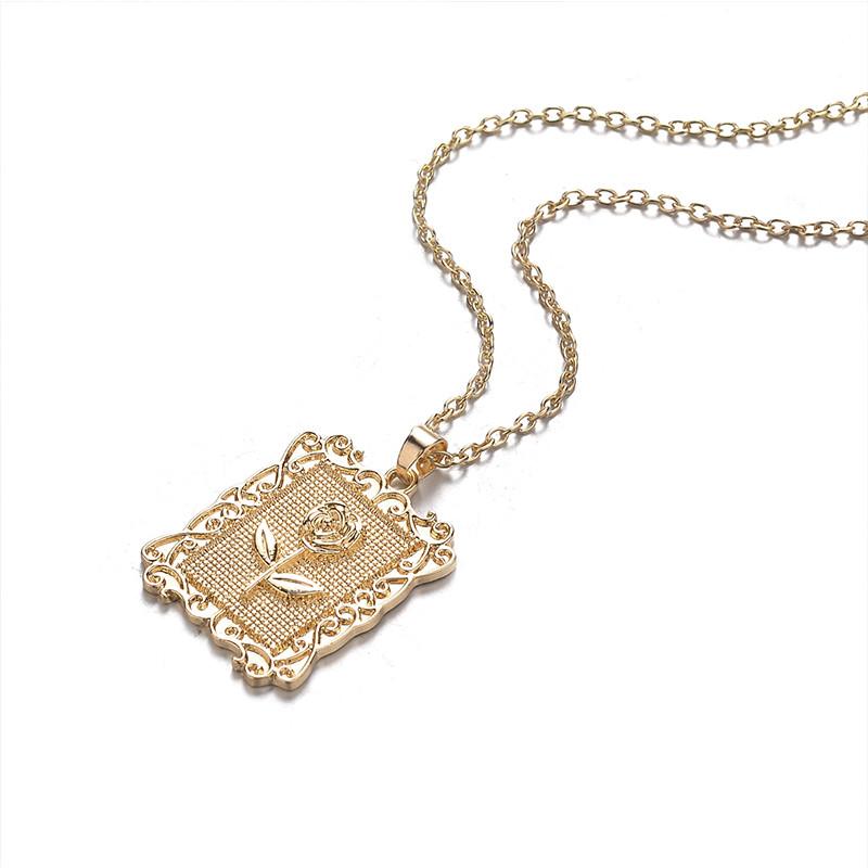 Pozlacený Pop Geometrický Čtvercový Růžový Květ Řetízek na Klíční Kost Svetrový Řetízek Elegantní Šperky Pro Ženy