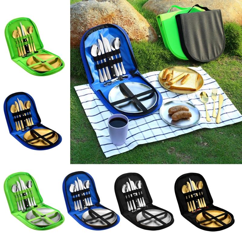 Reise-Edelstahl-Besteck Utensil Tragbares Silberbesteck-Set Camping-Geschirr mit Aufbewahrungstasche für Picknick im Freien