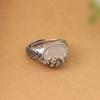Vintage Style Chalcedony Ring for Women Adjustable Open Band Lotus Flower Design Silver Tone Metal Handmade Jewelry