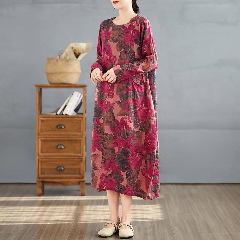 

Dimanaf 2025 Женское Длинное Платье Большого Размера Весна Свободное Базовое О-Образным Вырезом Винтажное Повседневное Макси Цветочное Оверсайз Длинный Рукав One Size фиолетовый