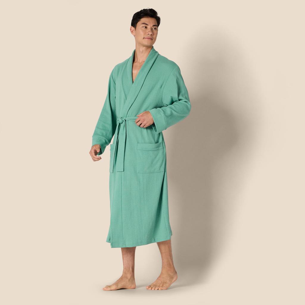 Amazon Essentials Men's Lightweight Waffle Fabric Bathrobe, Teal Blue, Sizes S-M
