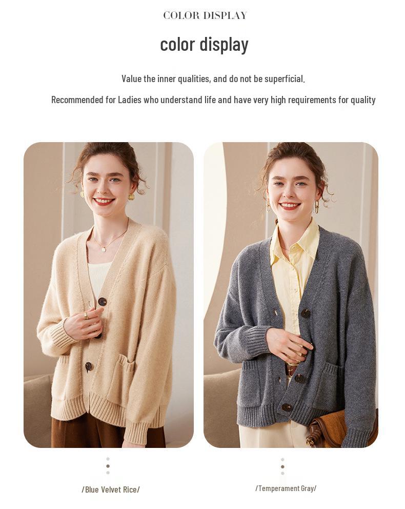 Women's American Style Loose Knit V-neck Cardigan - Casual Spring/Autumn Long Sleeve Outerwear