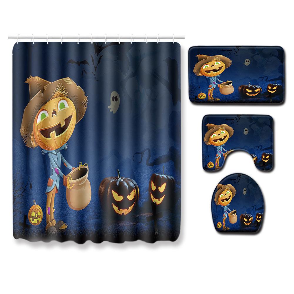 Halloween Shower Curtain Floor Mat Combination Four-Piece Set Bathroom Toilet Carpet Shower Room Foot Mat