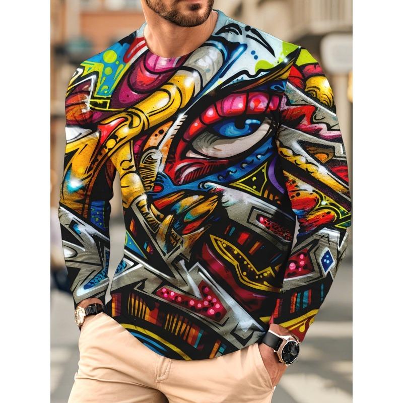 Cool Cartoon Graffiti Print T Shirt For Men Skull Robot Pattern Tees Autumn Casual Long Sleeves O-Neck Tops Loose T-Shirts