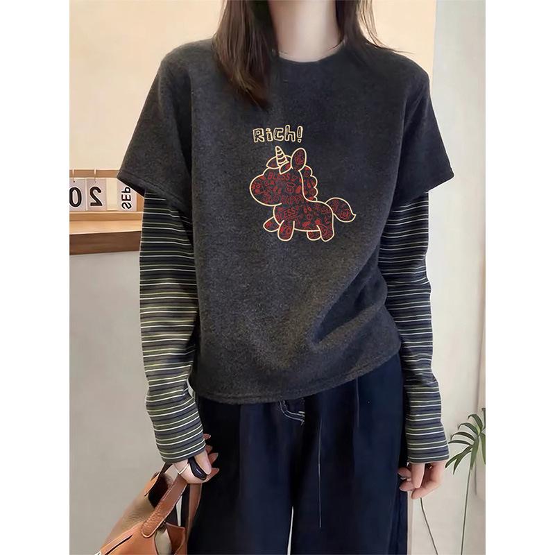 Women's Striped Long-Sleeve Faux Two-Piece Thickened Top for Spring, Autumn, Winter 2026