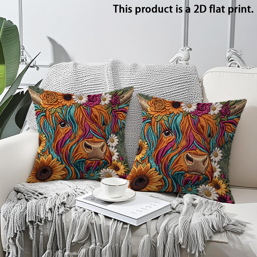 

2pcs Boho Floral Highland Cow Throw Pillow Covers 2PCS Decorative Couch Cushion Cases for Home Living Room Bedroom Cushion cover 45x45cm-2pcs