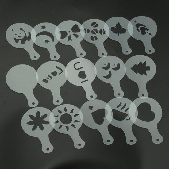 Juego de 16 Piezas de Moldes para Arte Latte de Café con Mango Antideslizante Plantilla Espesada para Arte Latte para Capuchino Chocolate Caliente Decoración de Pasteles Fácil de Limpiar Regalo para Barista