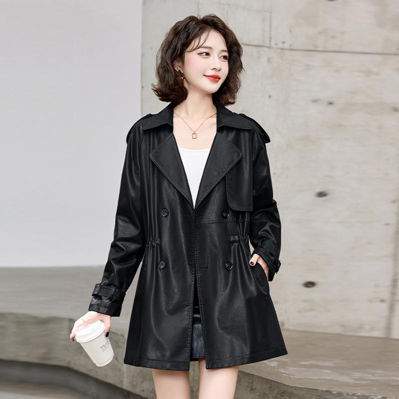 Design sense brown leather jacket women's spring and autumn new leather jacket medium and long coat
