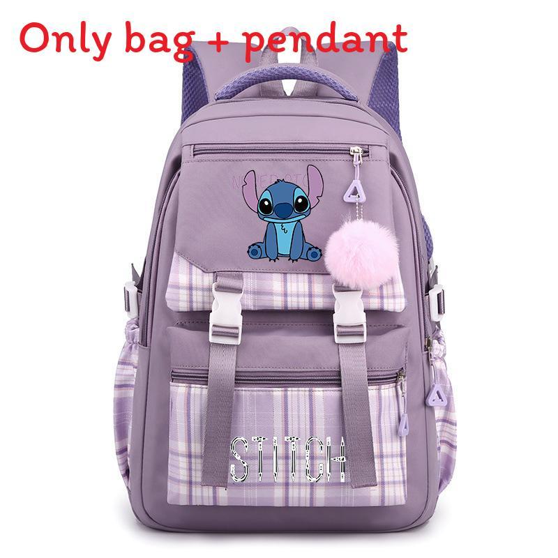 Cute Girl Backpack For School With Stitch Print And Checkered Patchwork Design For Middle School Students