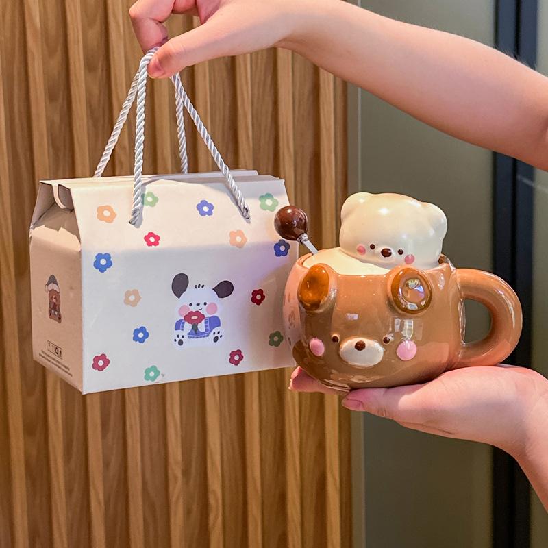Cute Cream Bear Cup, Girls Ceramic Mug, High-value Souvenir, Practical Birthday Gift for Girlfriends
