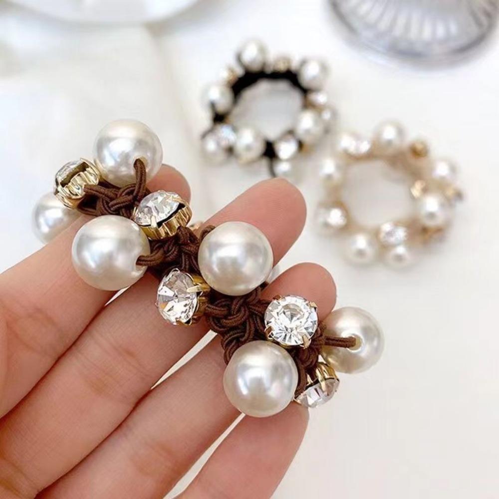 Retro Glitter Rhinestone Pearl-Trimmed Scrunchie Hair Tie for Women