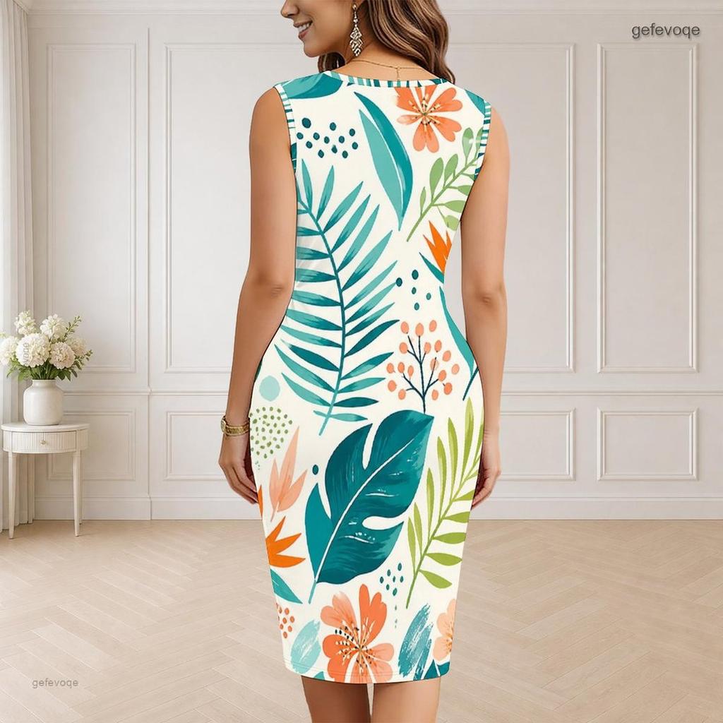 Women Plus Size V Neck Sleeveless Fruit Leaf Printed Bodycon Midi Dress