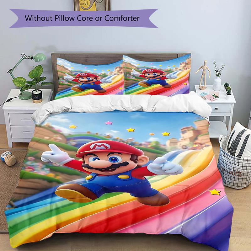 3pcs bedding set Mario Rainbow Includes 1 Comforter + 2 Pillowcases, Without Pillow Inserts, Soft Comfortable,a0909197