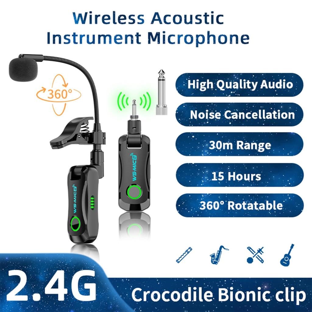 Snsowed Wireless Saxophone Microphone HD Sound Lossless Capture 360-Degree Adjustable Clip Rechargeable for Saxophone Flute Clarinet Performance