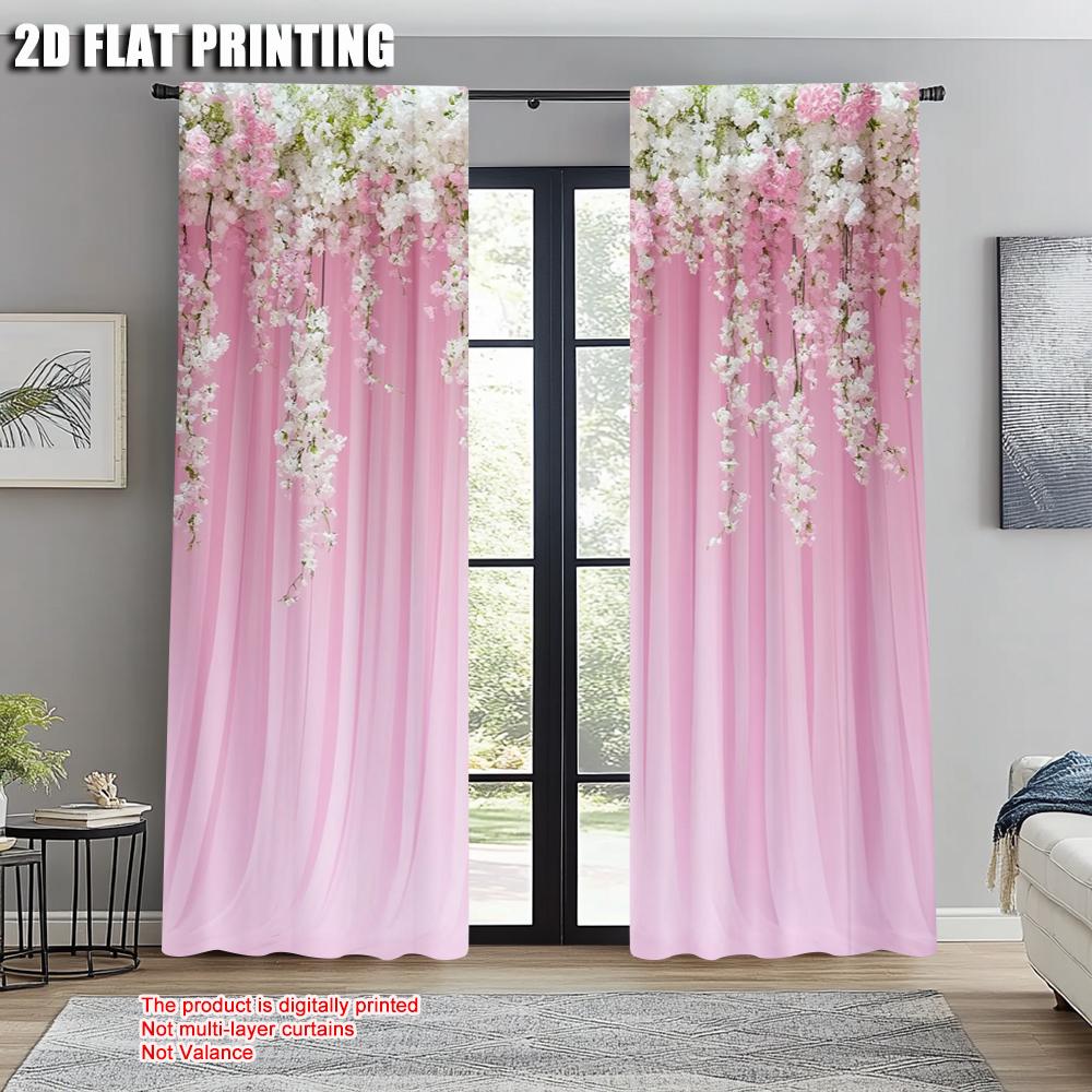 Set Of 2 Creative Curtains Print Lush Pink White Flowers Green Foliage Durable Polyester Without Rod Holiday Ldeal Made