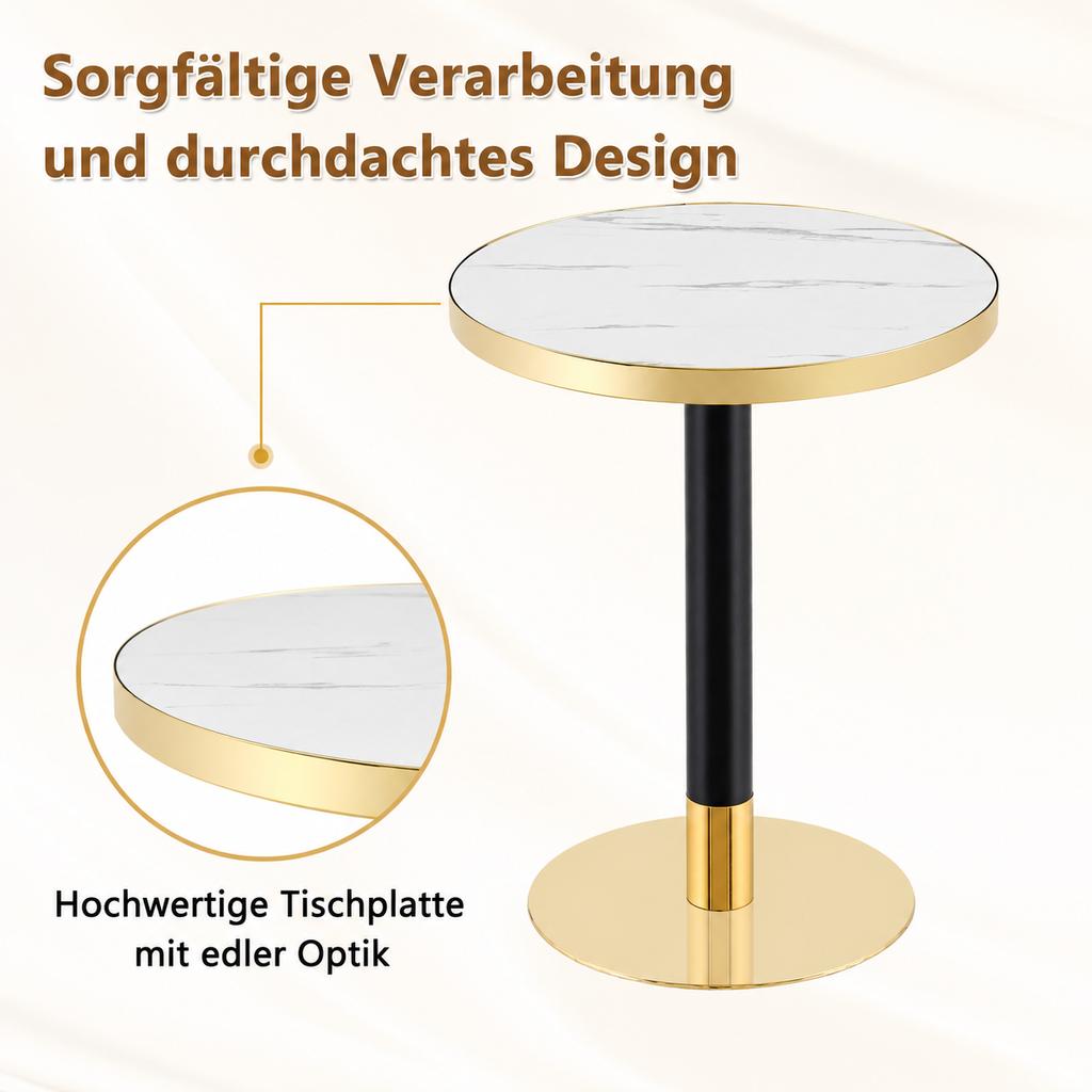 Modern Round Side Table, Marble-Look Tabletop with Golden Rim, Sturdy Metal Frame in Black/Gold, Ideal as Coffee Table, Nightstand or Balcony Table