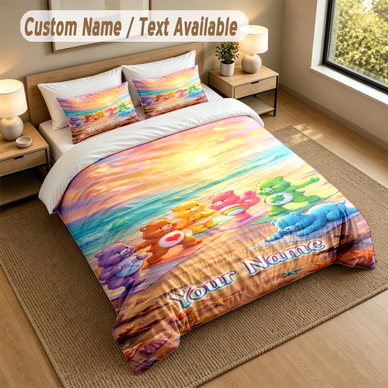 Custom Name Text Bedding 3Pcs Set,Care Bears 1 Duvet Cover 2 Pillowcases Soft Bed Linen For Gift