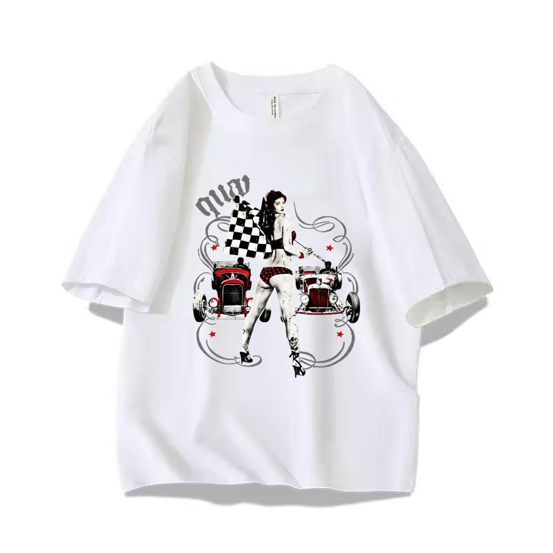 Pin Up Girl Hot Rod Car Graphic T Shirt Checkered Flag Rockabilly Retro 50s Streetwear 100 Cotton Summer Short Sleeve Unisex Top L