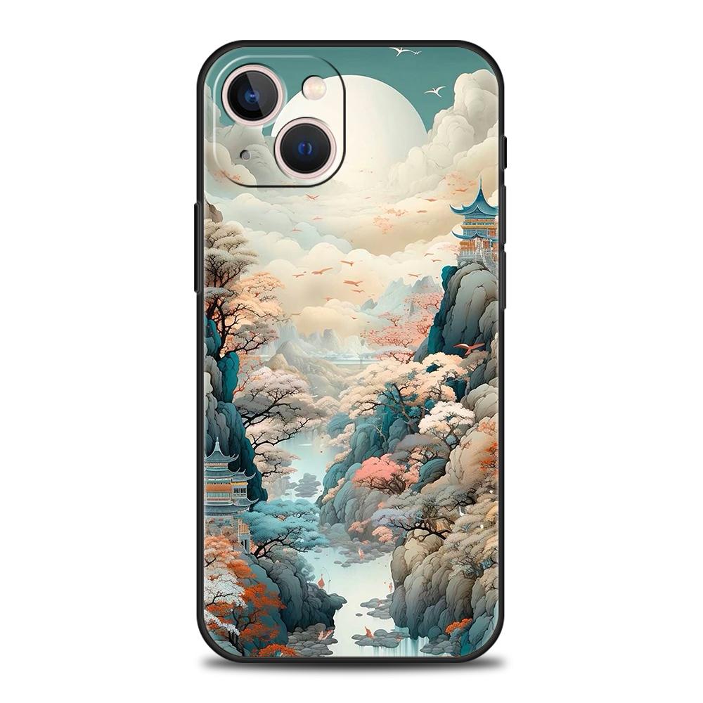 Soft TPU Phone Case for iPhone 16/15/14/13/12/Pro/Max/16E/11/Pro/7/8/Plus/XS/Max Shockproof Chinese Style Landscape Painting Bag