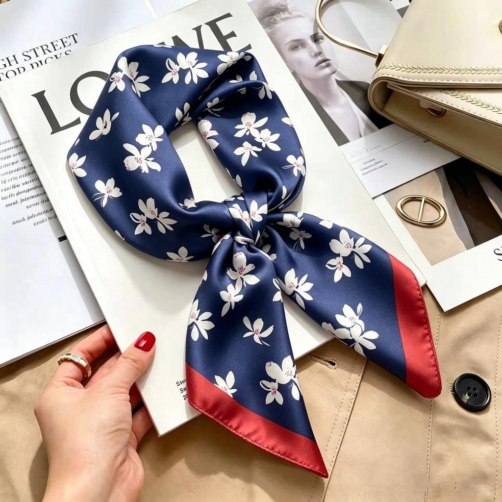 Commuter elegant flower silk scarf women's contrasting color retro printing satin scarf shirt with multi-purpose decorative small scarf