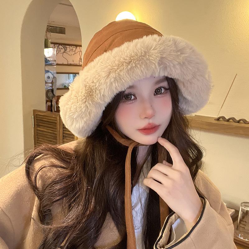 Plush Thickened Furry Mongolian Hat Live Broadcast Same Solid Color Suede Lace Up Ear Protection and Warm Fisherman's Hat