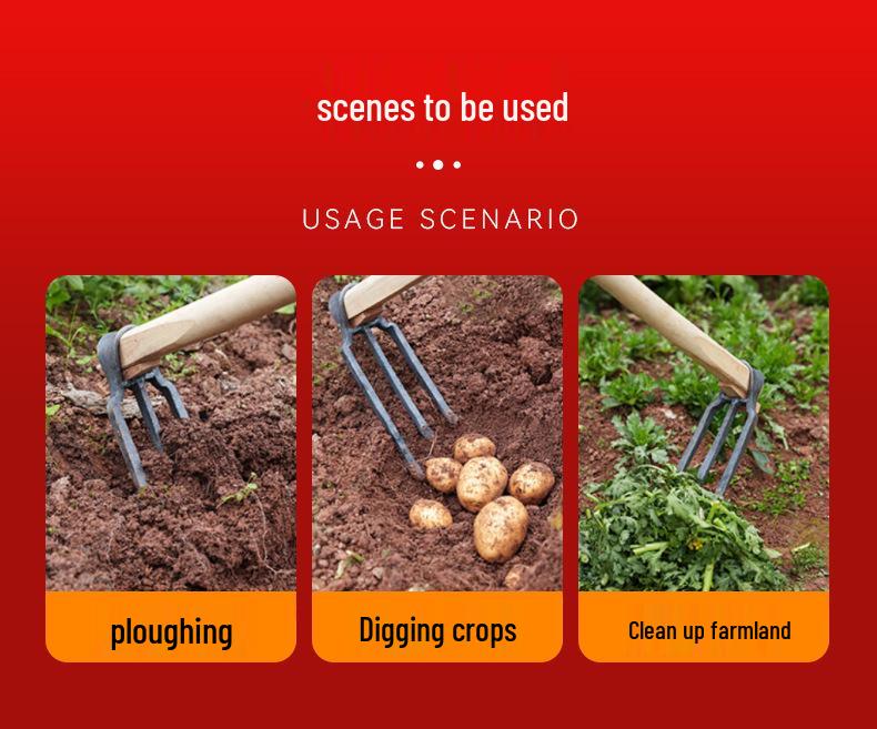 Rust-Proof Manganese Steel Garden Fork & Hoe: 2, 3, and 4 Tines for Digging, Soil Loosening, and Land Reclamation