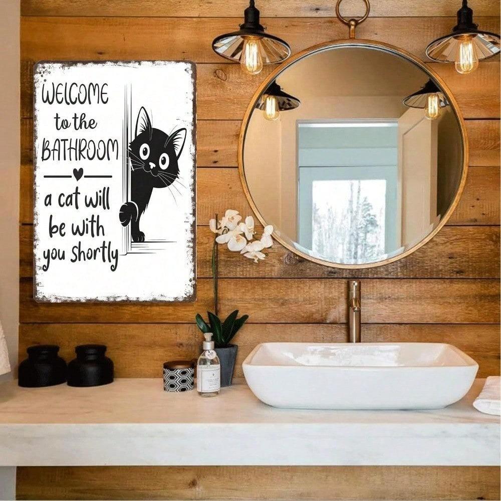 Vintage Funny Cat Metal Welcome Sign Retro Bathroom Wall Decor