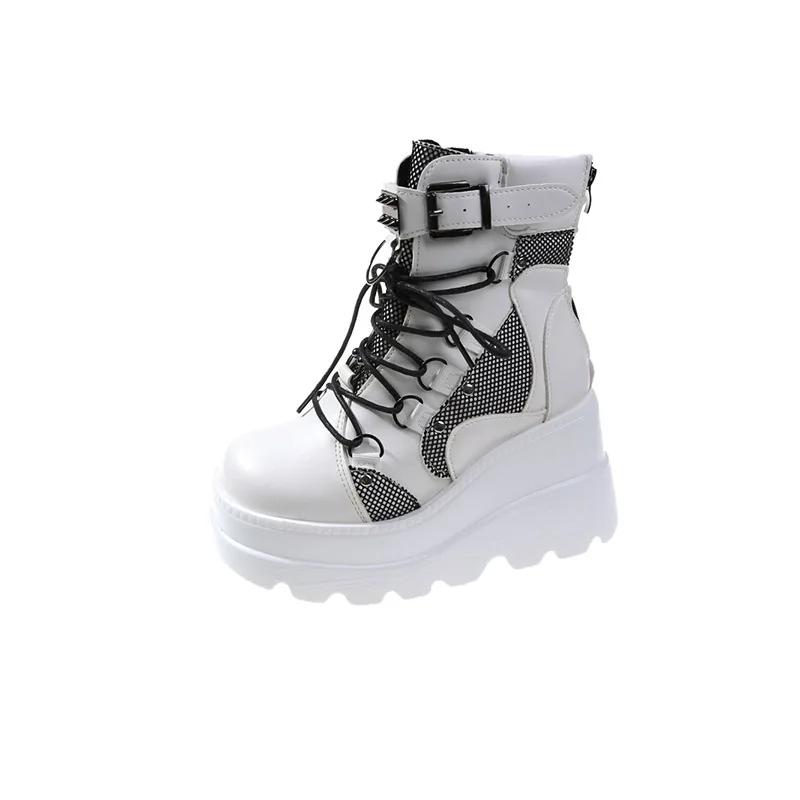 Novo Design Botas Punk Góticas para Motociclista Plataforma Salto Alto Grosso Cano Curto Botina Feminina Cool Salto Anabela Sapatos Femininos Pretos