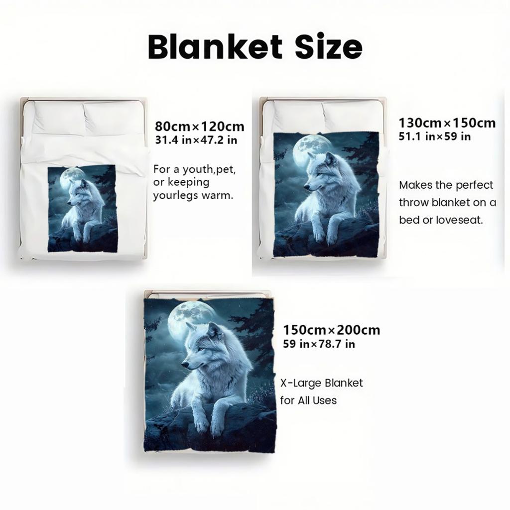 White Wolf Moon Night Flannel Blanket Soft Warm Animal Print Throw Blanket for Couch Bedroom Decor Cozy Home Textile Art Gift