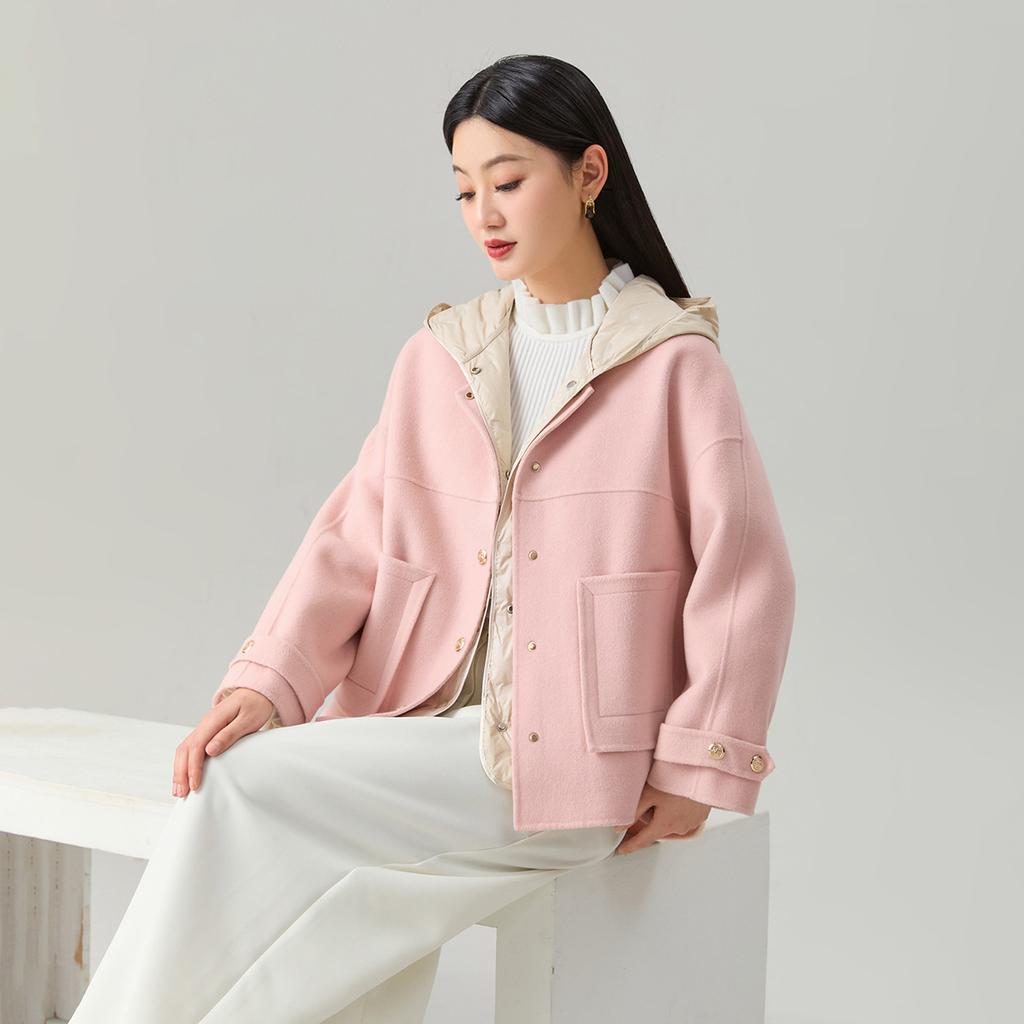 Anti-season Double-sided Coat Wool Cashmere Gold Buckle Women's Coat with Casual Hooded Vest Two-piece Set