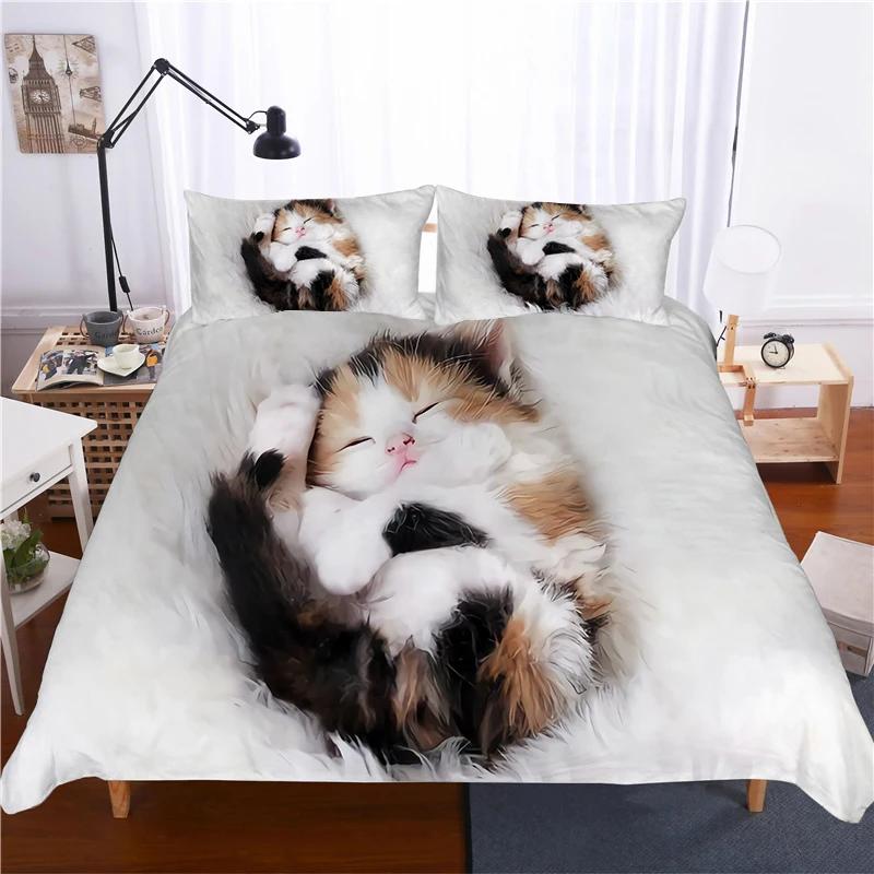 Super Cute Kitten Kids Bedding Set Kawaii Girl Quilt Cove King Queen Size Cute Cat Animal 3pcs Polyester Duvet Cover (No Sheet)