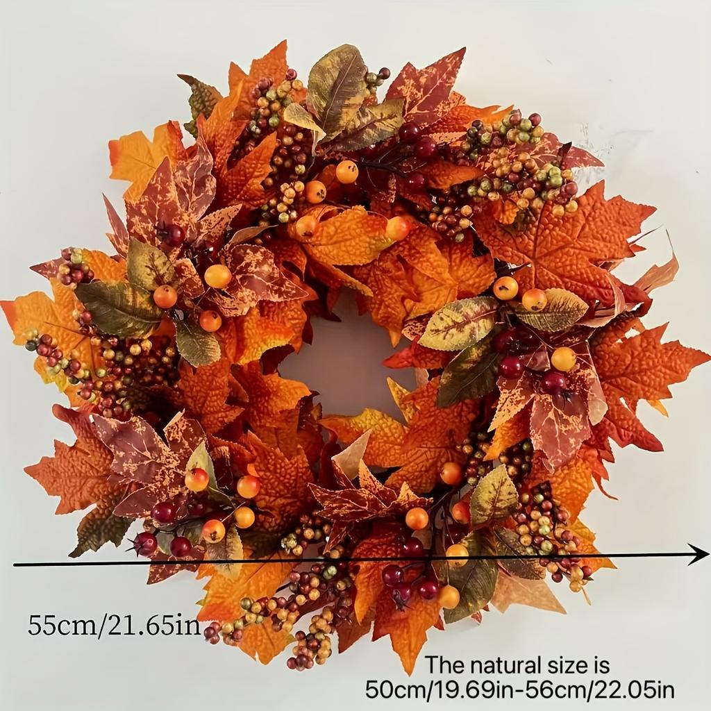 21.65inch Realistic Artificial Maple Wreath with Berries - Rustic Harvest Wreath Suitable for Thanksgiving, Christmas