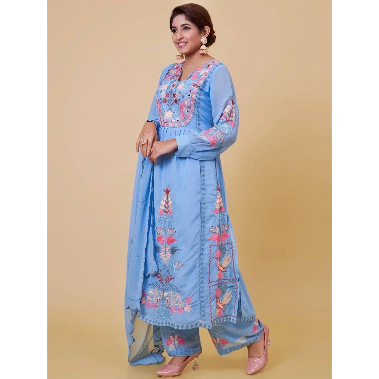 

Новая привлекательная одежда для вечеринок с вышивкой разных цветов Fox Georgette Kurti Plazzo имеет стандартный крой и изготовлена ​​из высококачественных тканей и пряжи*