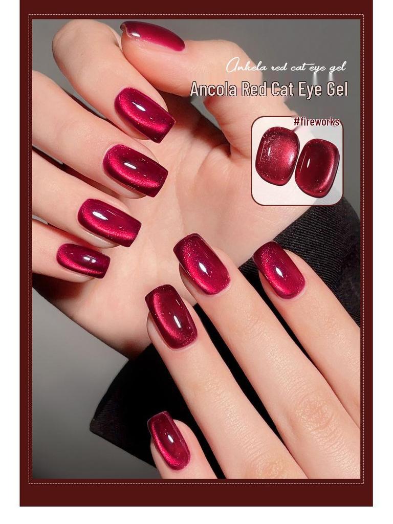 2025 Pigeon Blood Red & Ankara Red Cat Eye Gel Nail Polish Set with Whitening Glass Beads