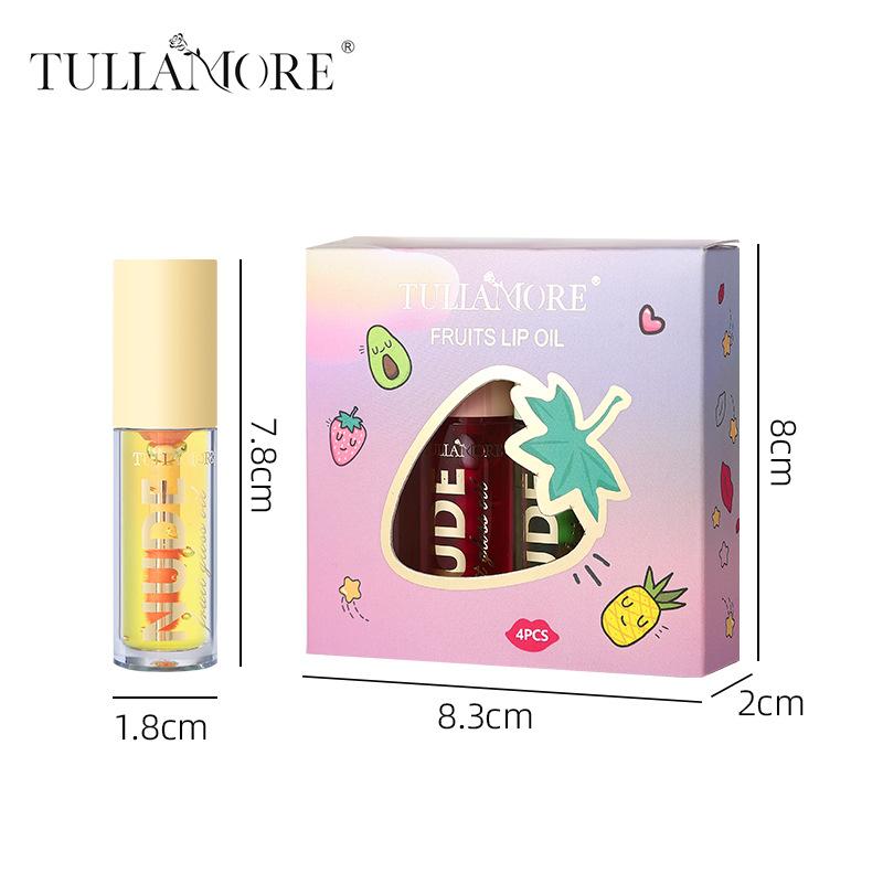 4 Pcs Warm Fruit Lip Oil Set, Mirror Water Light Lip Glaze Clear Moisturizing Moisturizing Care Lip Enlargement