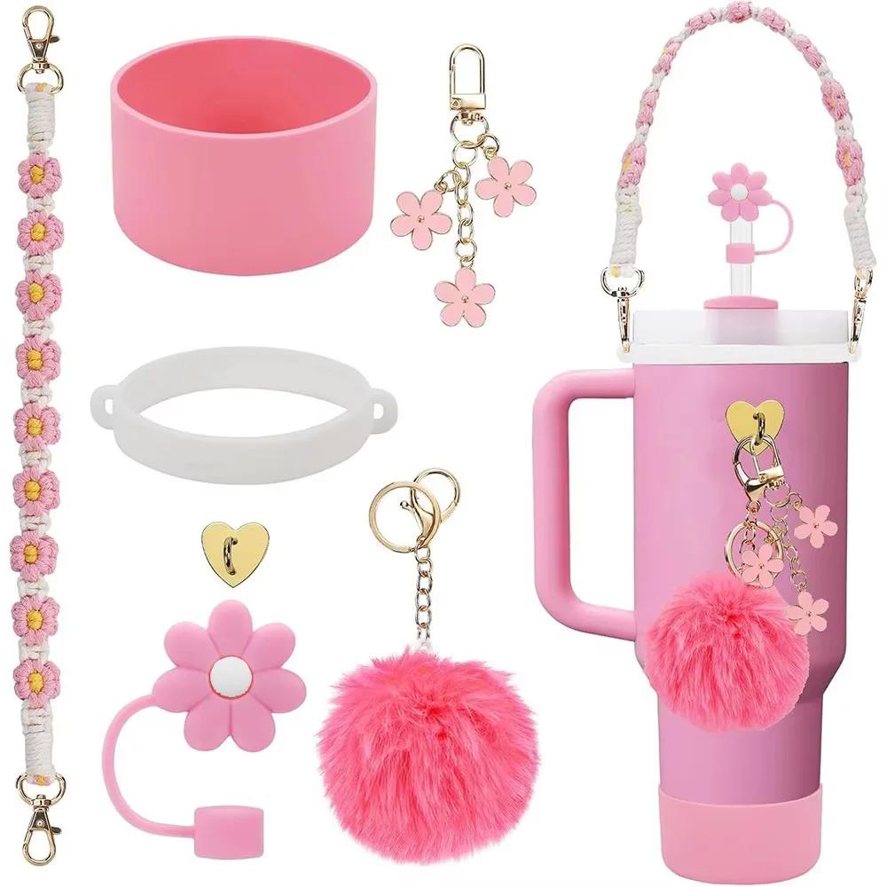Set di 7/8 Pezzi di Accessori per Tazze per Stanley Cup Inclusi Manico Cinturino Base in Silicone per Tazza Copri Cannuccia Ciondoli per Bicchiere da 40oz 30oz